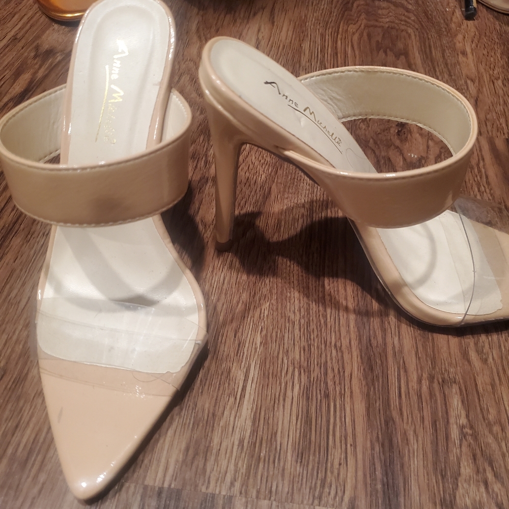 Tan and clear heels